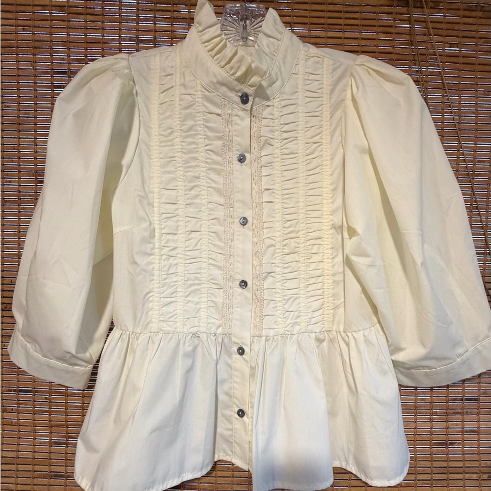 Women's Cream Ruffle Front Button-Up Top
